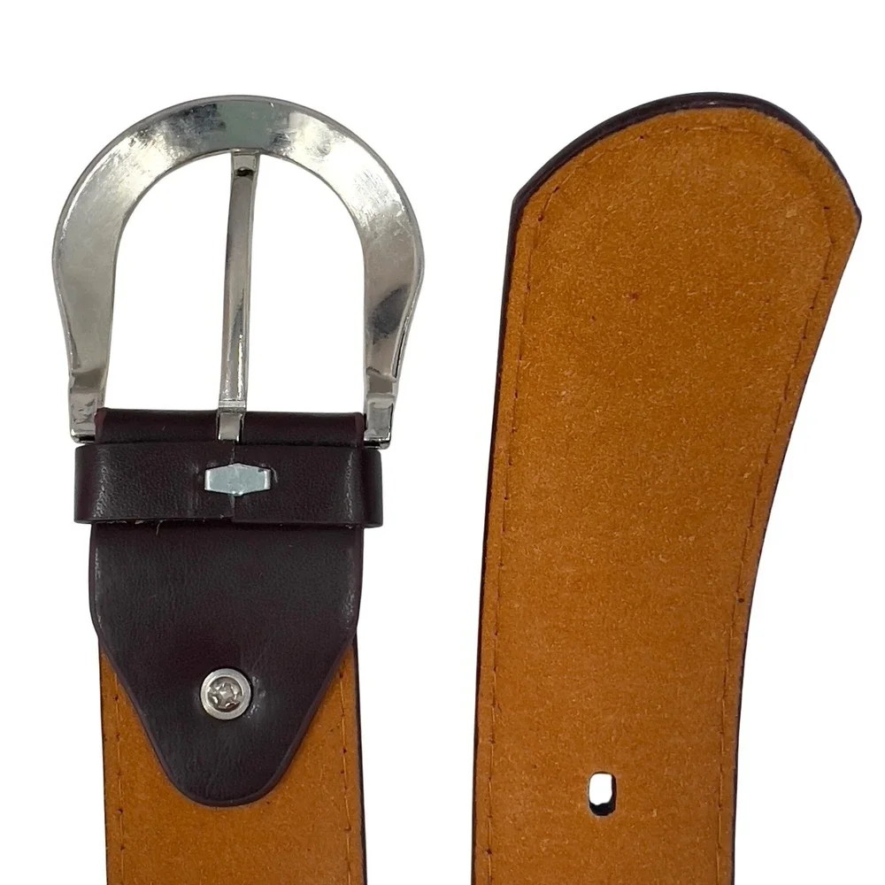 Men's Dark Brown‎ Leather Belt Silver Buckle Classic Dress Casual Size L 33-36